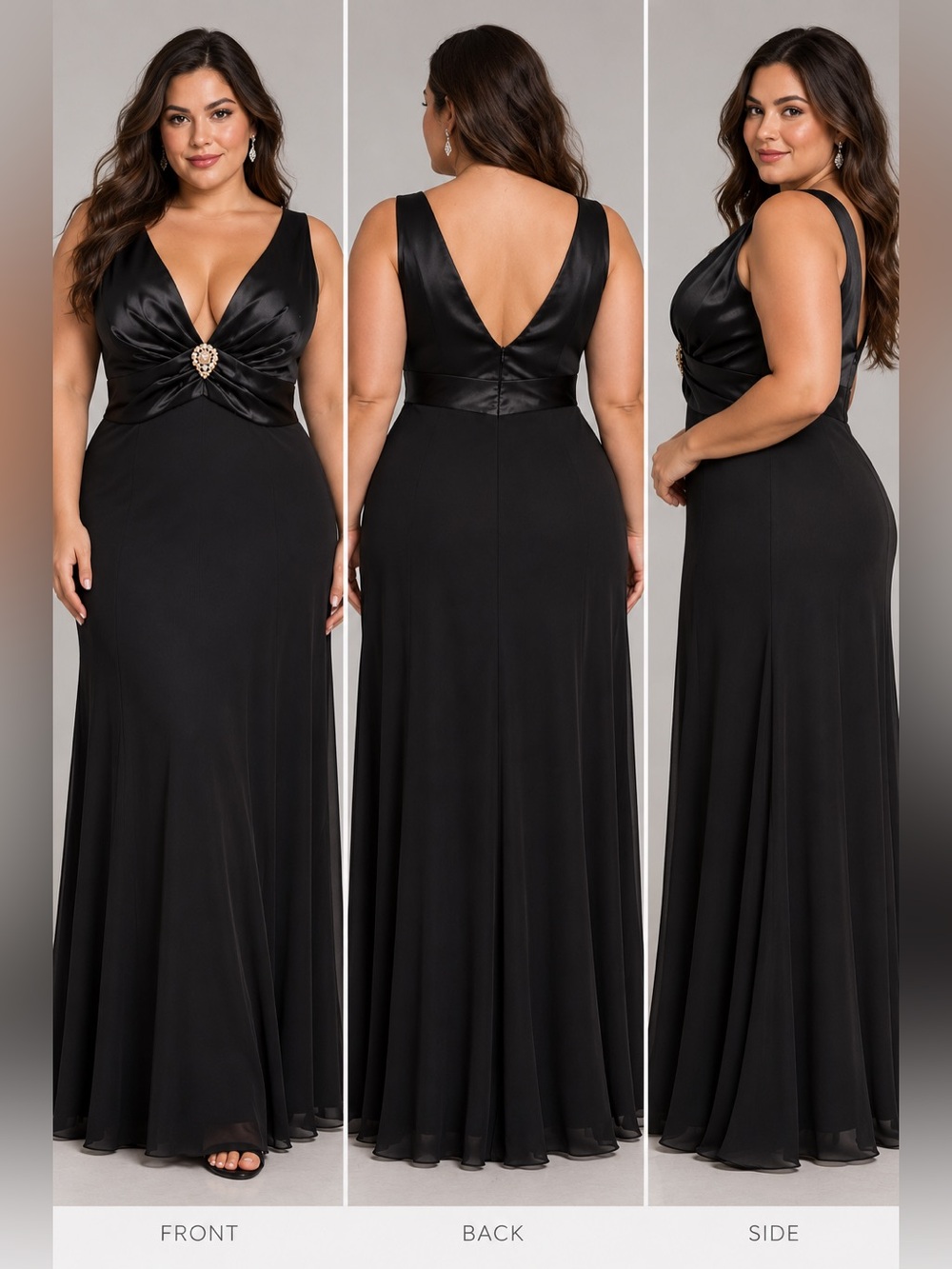 Nox Anabel Black Satin Corset Chiffon Rhinestone Brooch Gown Plus Size 3XL